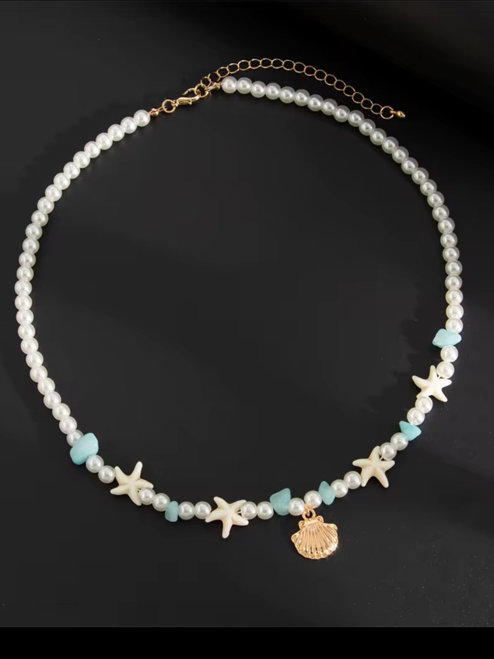 Anthropologie Pearl & Aqua Bead Necklace with Gold Shell Charm - Picture 4 of 4